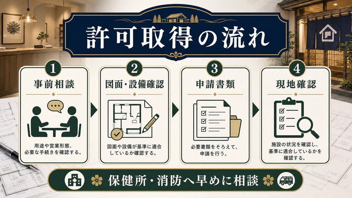 ゲストハウスの簡易宿所許可取得の流れを事前相談、図面設備確認、申請書類、現地確認で示した図