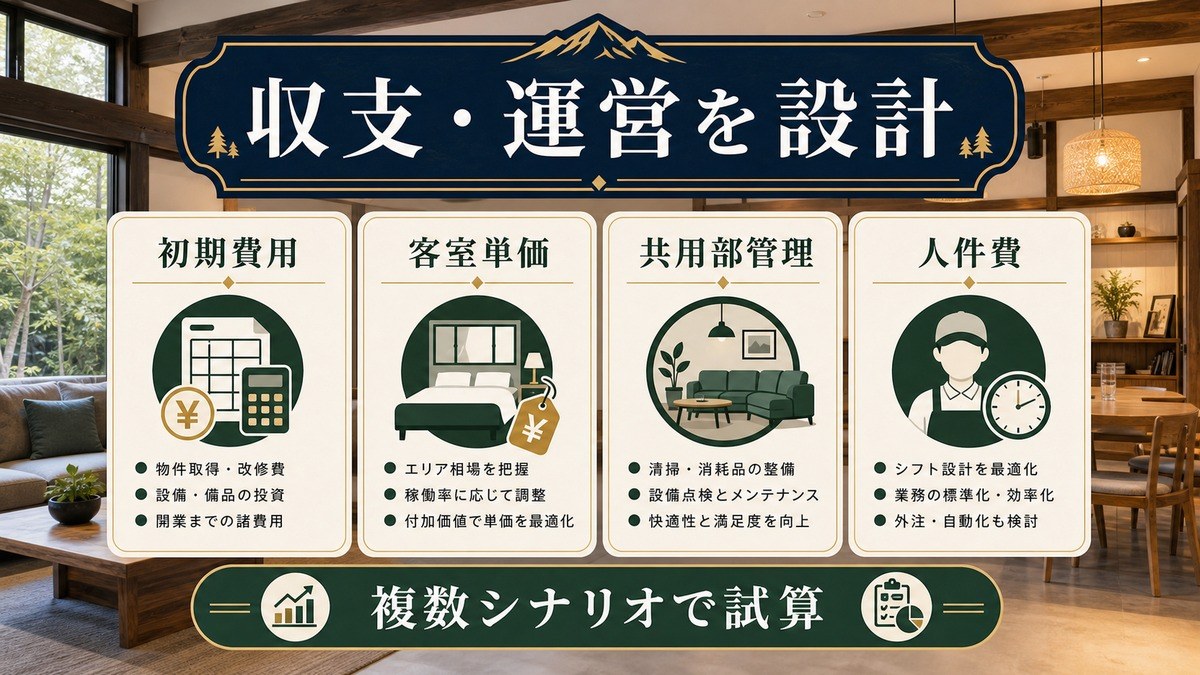 ゲストハウスの初期費用、客室単価、共用部管理、人件費を整理する図