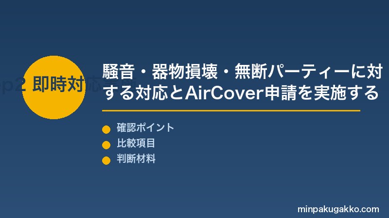 民泊 ゲストトラブル Step2 騒音・器物損壊・無断パーティーに対する即時対応とAirCover申請手順を実施する