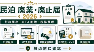 民泊の廃業と廃止届を行政届出、OTA削除、税務整理、撤退前確認で整理した図