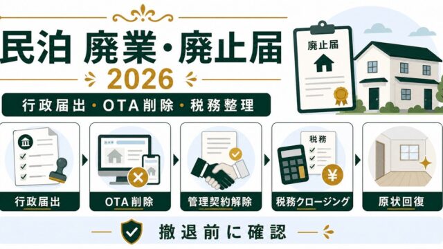 民泊の廃業と廃止届を行政届出、OTA削除、税務整理、撤退前確認で整理した図