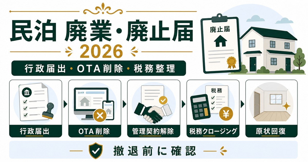 民泊の廃業と廃止届を行政届出、OTA削除、税務整理、撤退前確認で整理した図