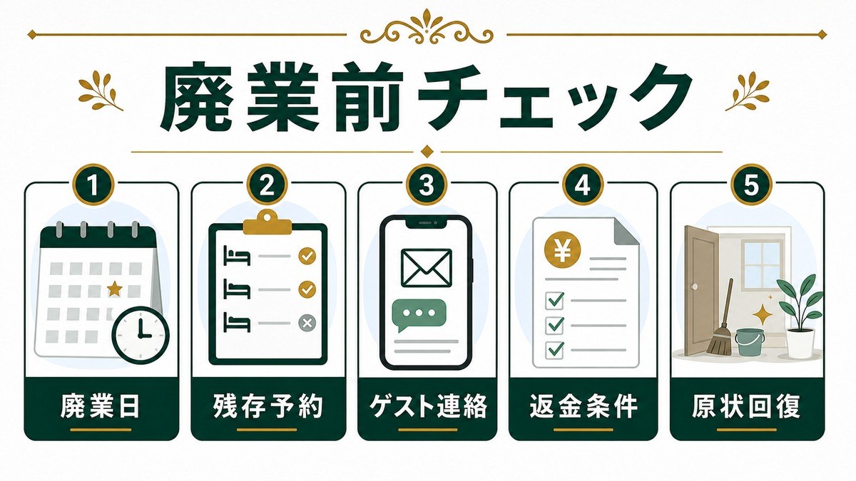 民泊廃業前チェックを廃業日、残存予約、ゲスト連絡、返金条件、原状回復で示した図