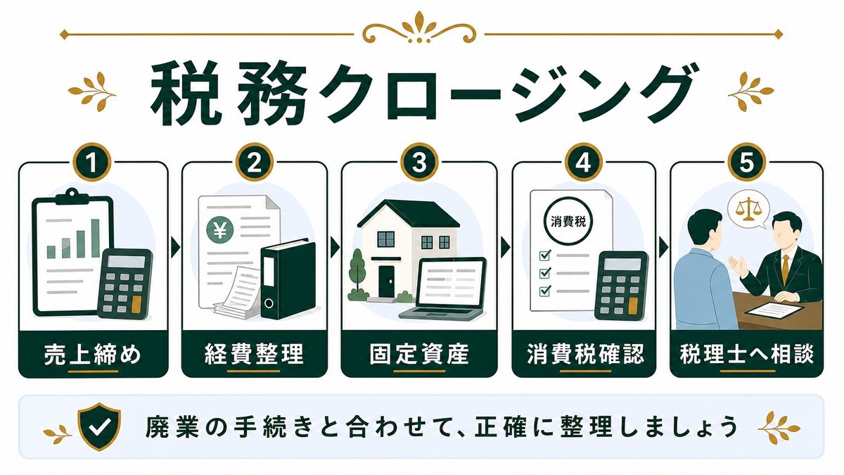 民泊廃業の税務クロージングを売上締め、経費整理、固定資産、消費税確認、税理士相談で示した図