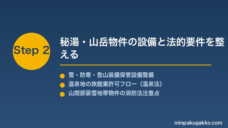 minpaku-hidden-hot-spring-2026 Step2 秘湯・山岳物件の設備と法的要件を整える