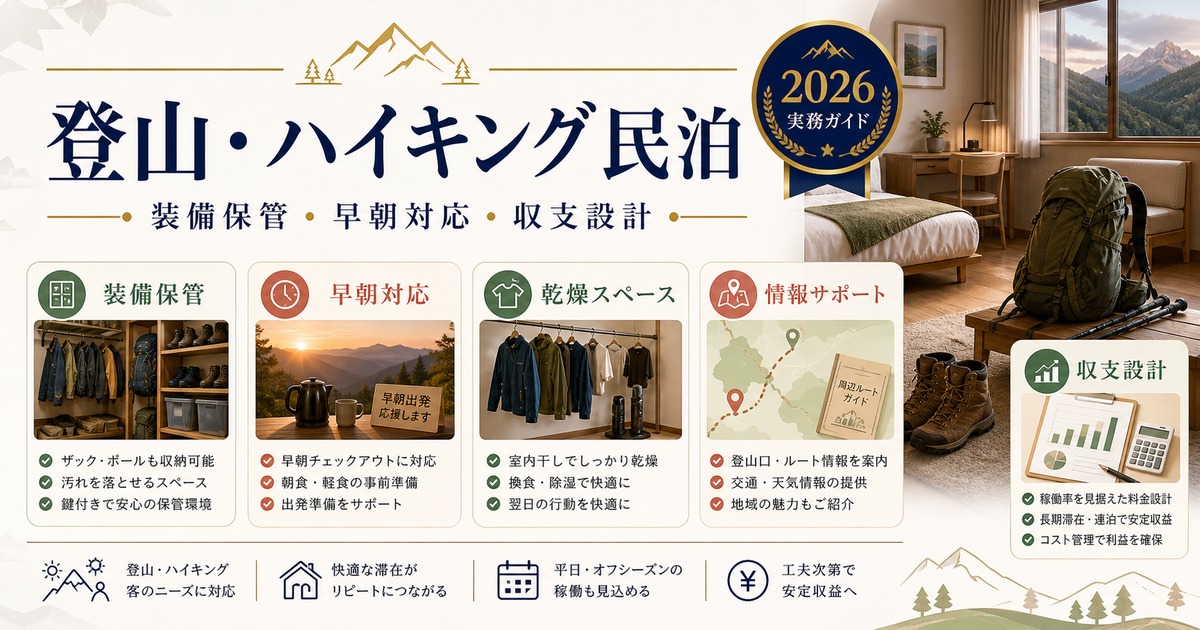 登山・ハイキング向け民泊の装備保管、早朝対応、収支設計を整理した図