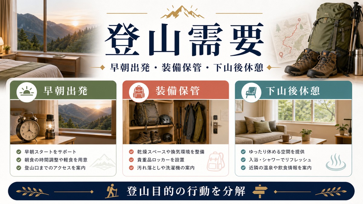 登山ハイキング需要を早朝出発、装備保管、下山後休憩で整理した図