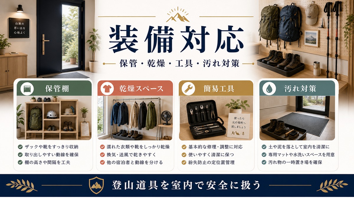 登山者向け民泊設備を保管棚、乾燥スペース、簡易工具、汚れ対策で整理した図