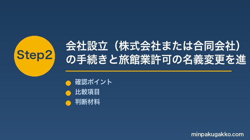 民泊 法人化 Step2 会社設立（株式会社または合同会社）の手続きと旅館業許可の名義変更を進める
