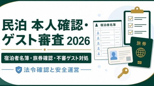 民泊の本人確認とゲスト審査を宿泊者名簿、旅券確認、不審ゲスト対処で整理した図