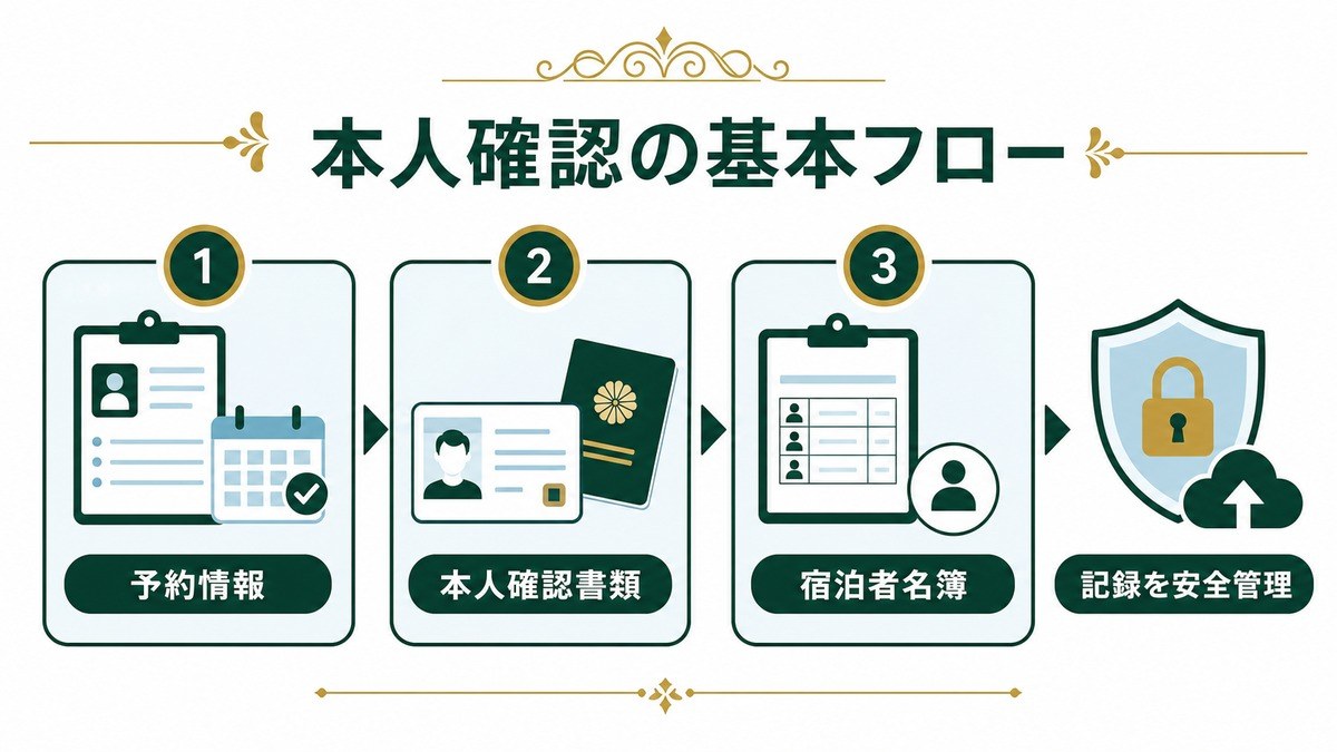 民泊の本人確認フローを予約情報、本人確認書類、宿泊者名簿、記録管理に分けて示した図