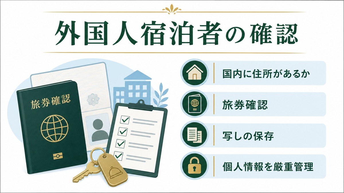 外国人宿泊者の旅券確認と住所有無、写し保存、個人情報管理を示した図