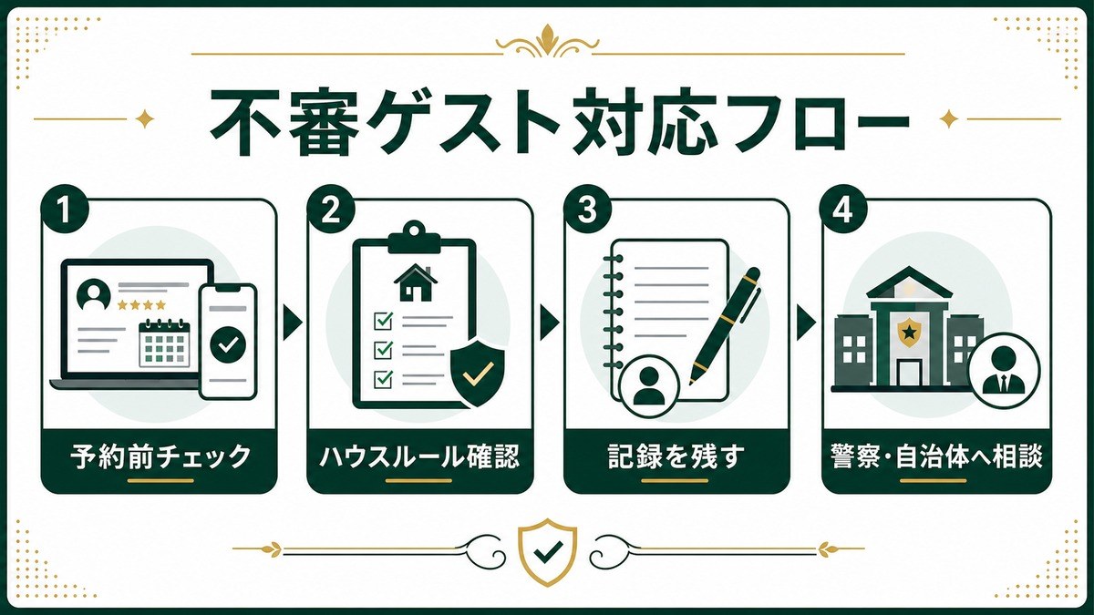 不審ゲスト対応を予約前チェック、ハウスルール確認、記録保存、警察自治体相談に分けた図
