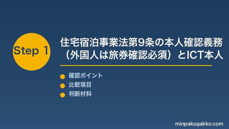 民泊本人確認ICT Step1 住宅宿泊事業法第9条の本人確認義務(外国人は旅券確認必須)とICT本人確認が認められた法的根拠を把握する