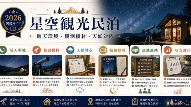 星空観光民泊の暗天環境、観測機材、天候対応を整理した図