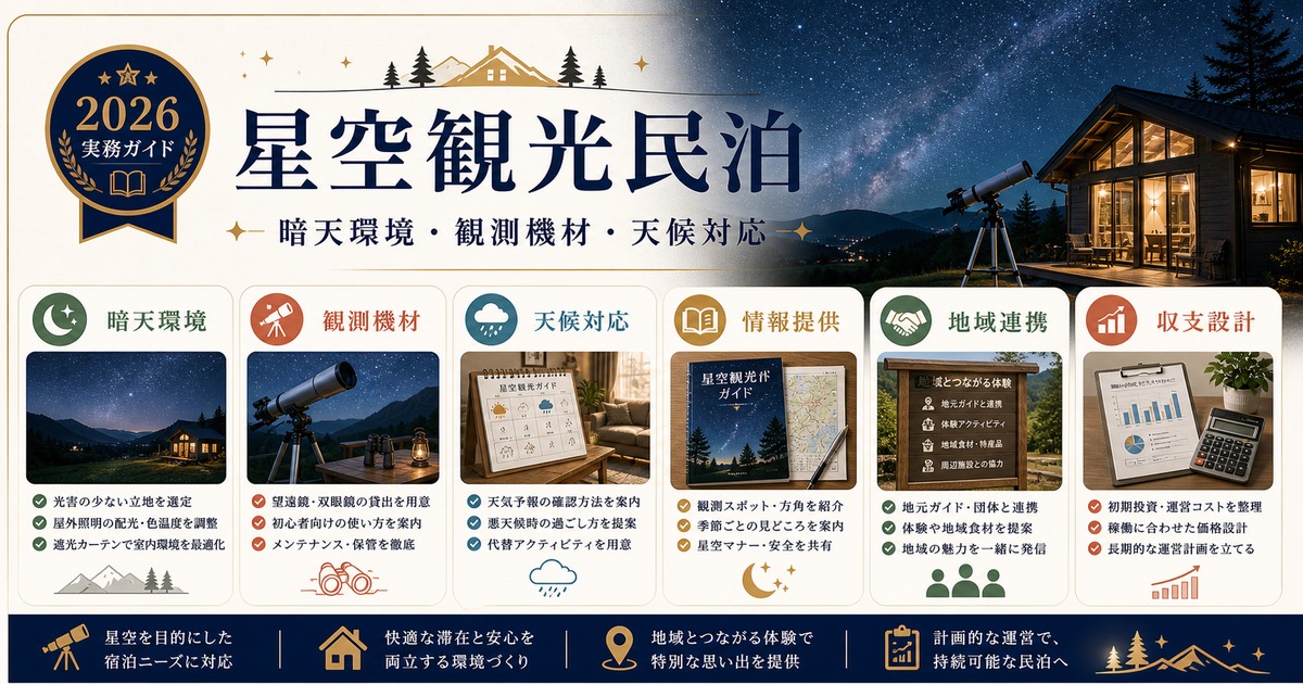 星空観光民泊の暗天環境、観測機材、天候対応を整理した図