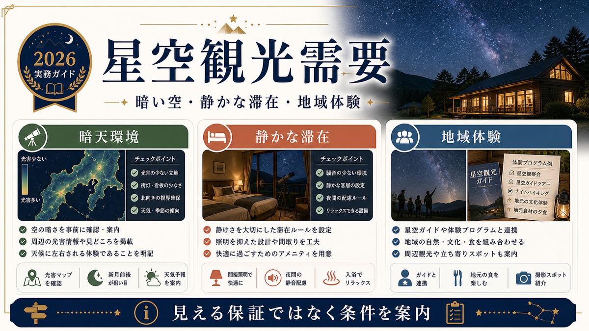 星空観光民泊需要を暗天環境、静かな滞在、地域体験で整理した図