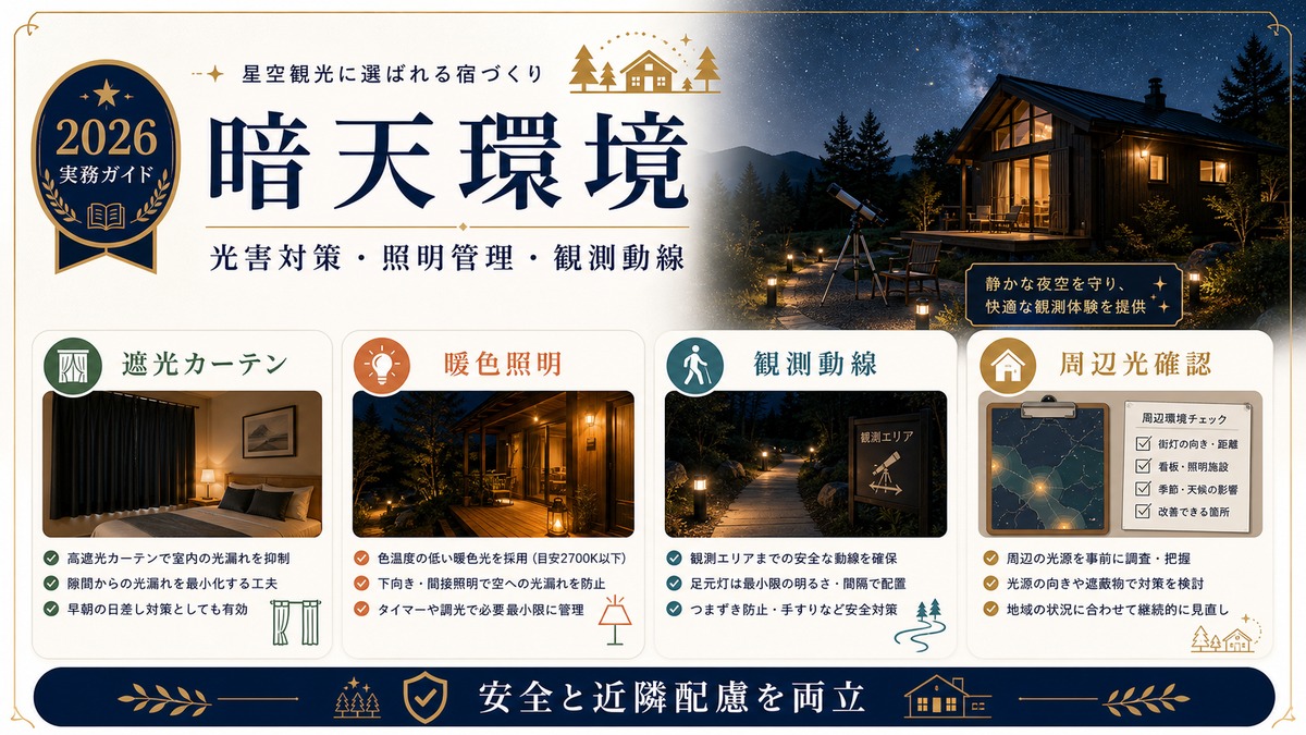 星空観光民泊の暗天環境を遮光カーテン、暖色照明、観測動線、周辺光確認で整理した図