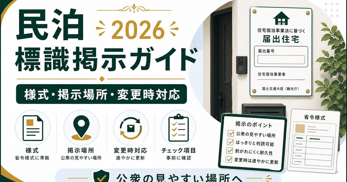 民泊の標識掲示義務、様式、掲示場所、変更時対応を整理した図