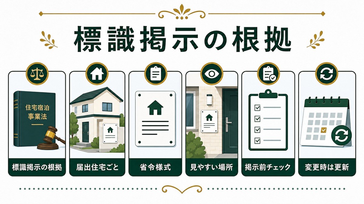 民泊標識掲示の根拠を届出住宅ごと、省令様式、見やすい場所、掲示前チェック、変更時更新で示した図