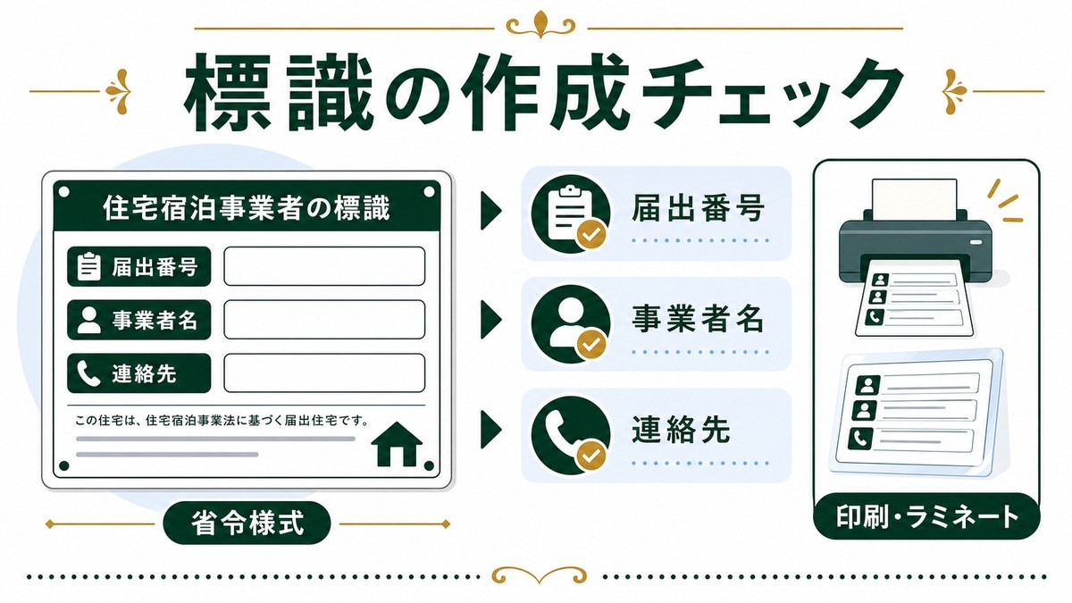 民泊標識の作成チェックを届出番号、事業者名、連絡先、省令様式、印刷ラミネートで示した図