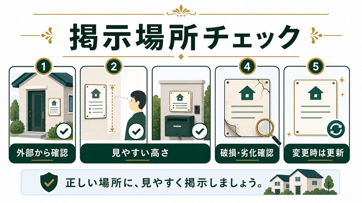 民泊標識の掲示場所を外部から確認、見やすい高さ、破損劣化確認、変更時更新で示した図