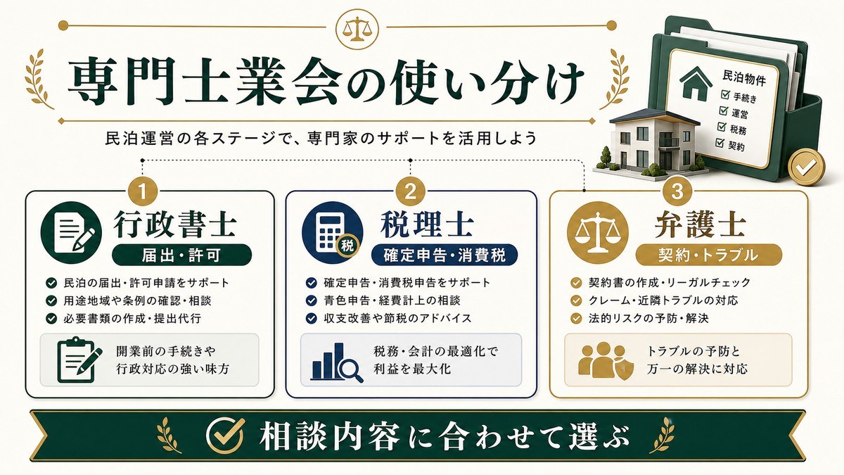 民泊で相談する専門士業会を行政書士、税理士、弁護士の役割別に示した図
