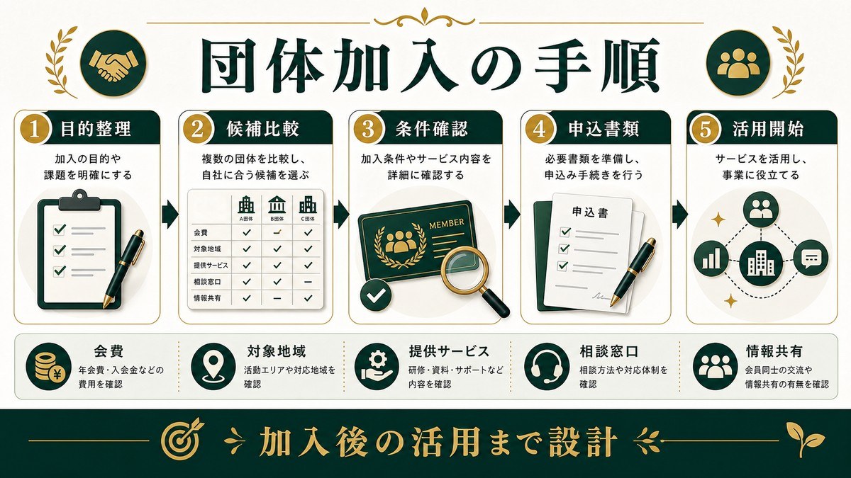 民泊の業界団体加入手順を目的整理、候補比較、条件確認、申込書類、活用開始で示した図
