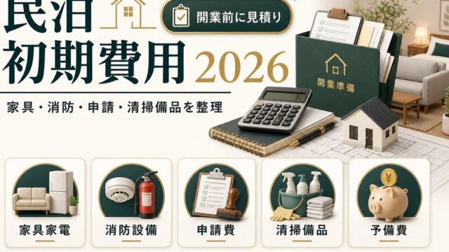 民泊の初期費用を家具家電、消防設備、申請費、清掃備品、予備費で整理した図