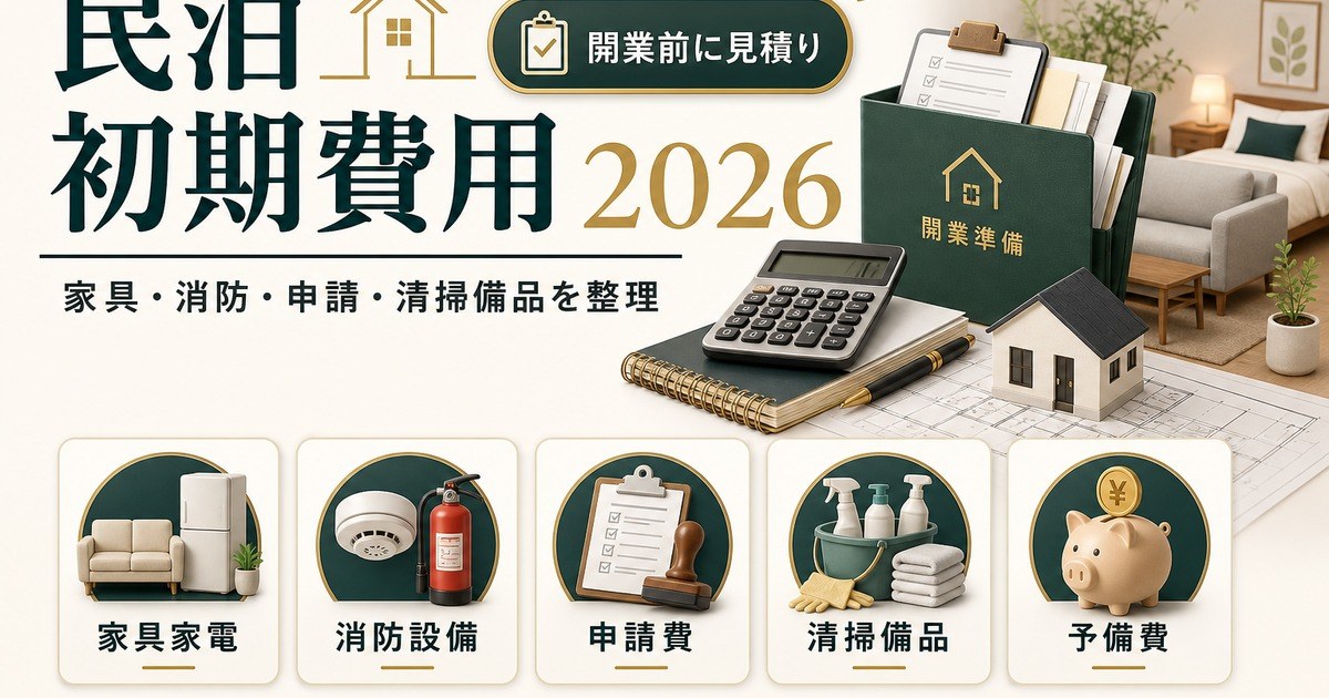 民泊の初期費用を家具家電、消防設備、申請費、清掃備品、予備費で整理した図