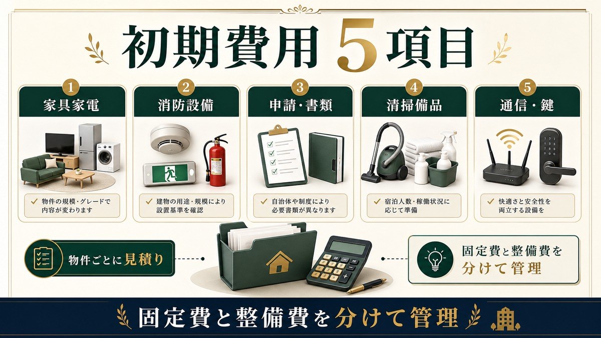 民泊の初期費用5項目を家具家電、消防設備、申請書類、清掃備品、通信と鍵で示した図