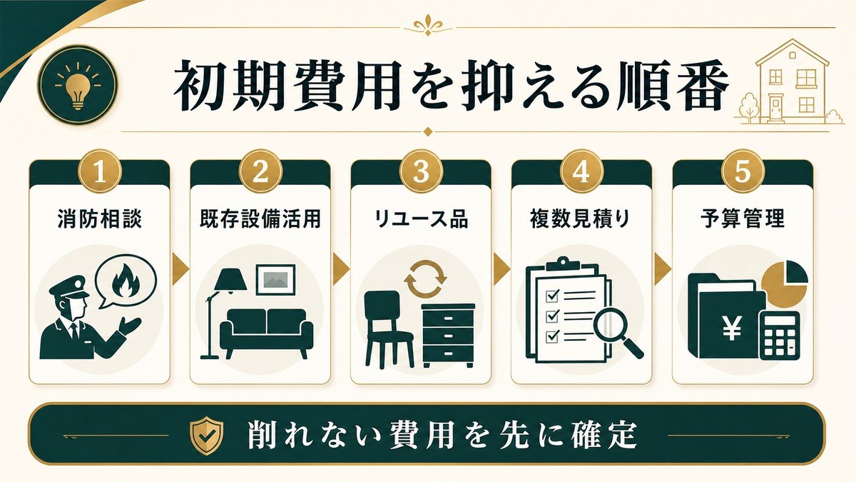 民泊の初期費用を抑える順番を消防相談、既存設備活用、リユース品、複数見積り、予算管理で示した図