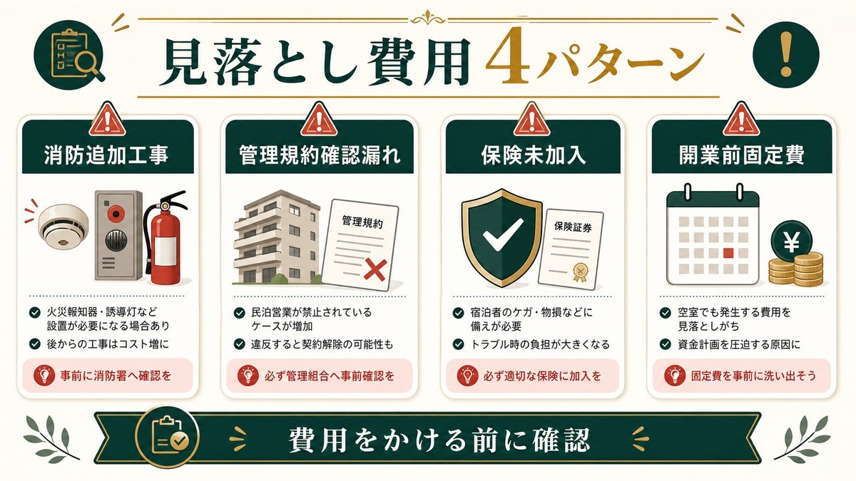 民泊初期費用で見落としがちな消防追加工事、管理規約確認漏れ、保険未加入、開業前固定費を示した図