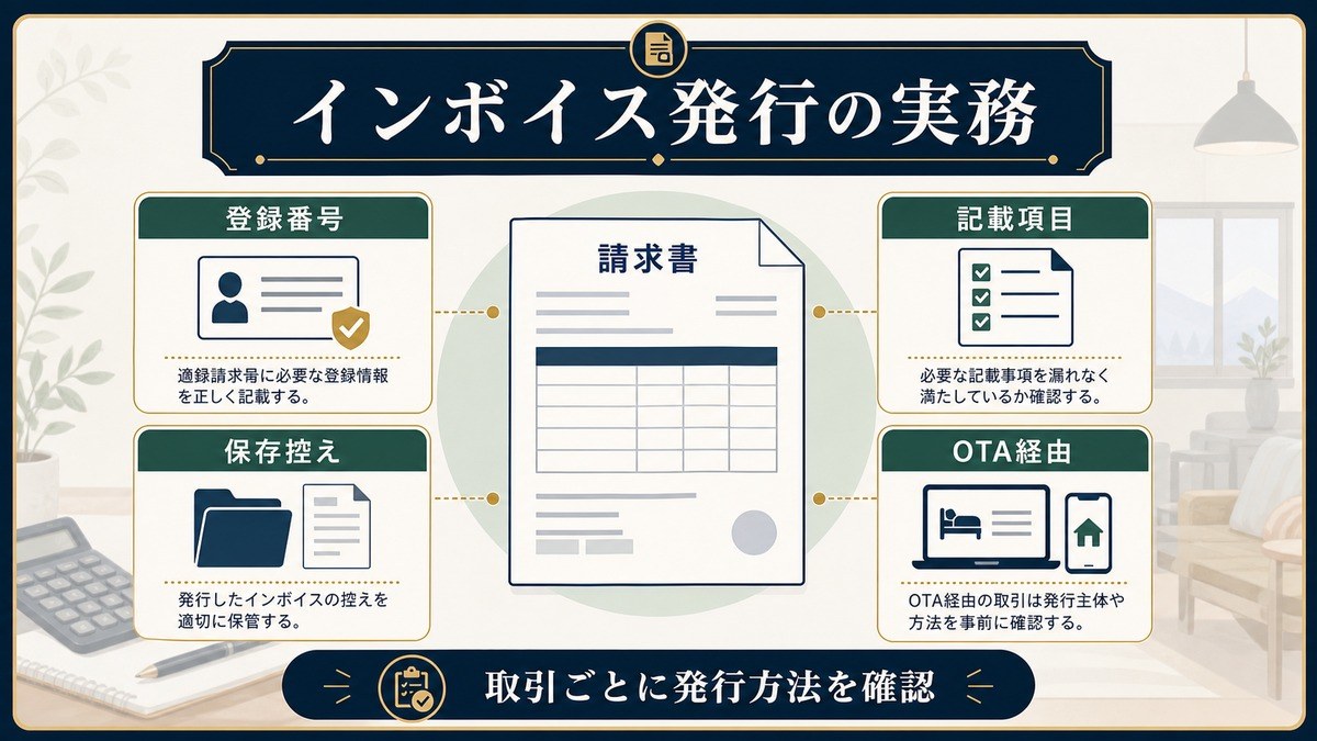 民泊のインボイス発行実務で登録番号、記載項目、保存控え、OTA経由の確認点を示した図