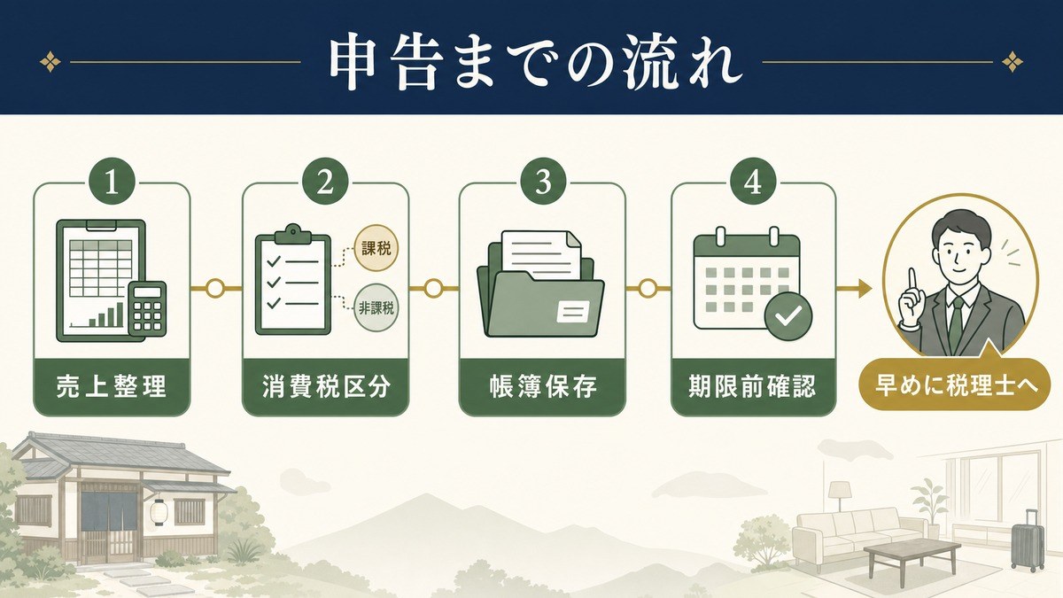民泊の消費税申告までの流れを売上整理、消費税区分、帳簿保存、期限前確認で示した図