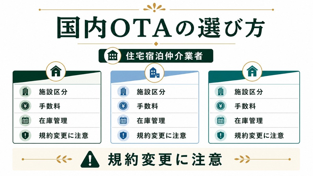 国内OTAの選び方を住宅宿泊仲介業者、施設区分、手数料、在庫管理で整理した図