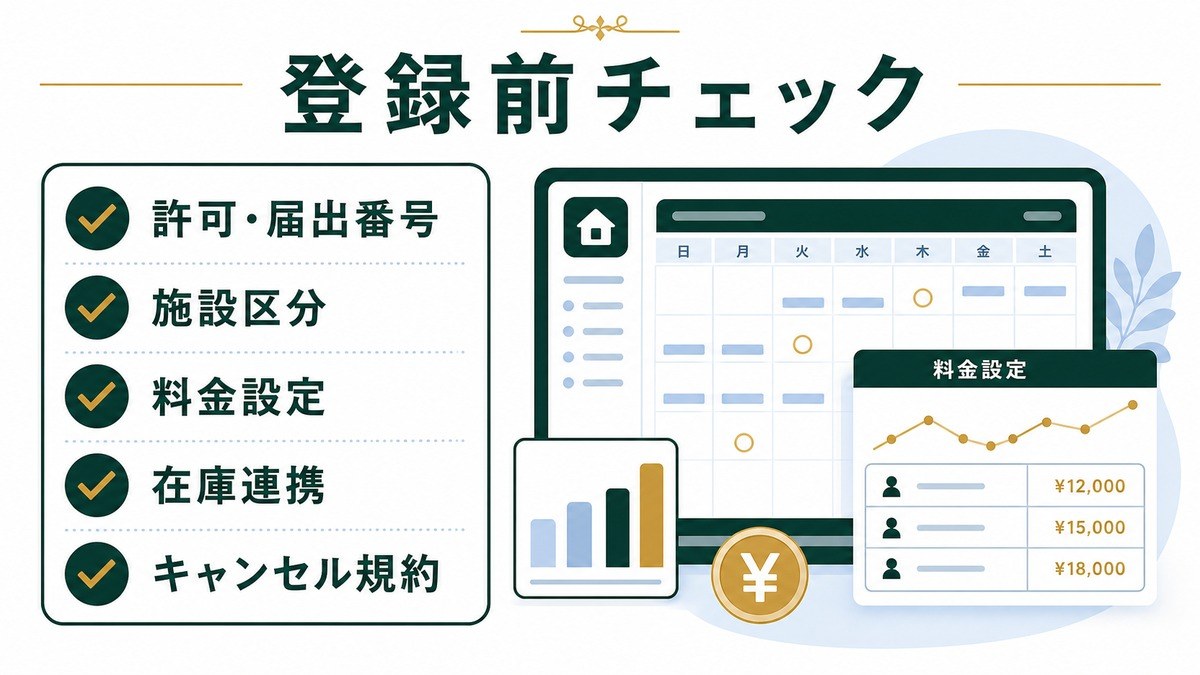 OTA登録前に許可届出番号、施設区分、料金設定、在庫連携、キャンセル規約を確認する図