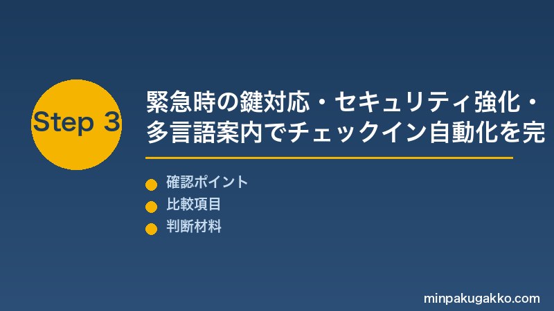 民泊鍵管理 Step3 緊急時の鍵対応・セキュリティ強化・多言語案内でチェックイン自動化を完成させる