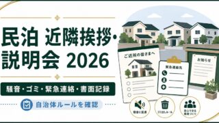 民泊の近隣挨拶と説明会を騒音、ゴミ、緊急連絡、書面記録、自治体ルールで整理した図