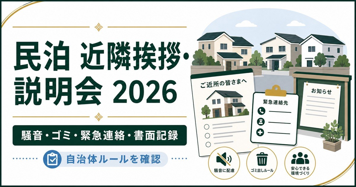 民泊の近隣挨拶と説明会を騒音、ゴミ、緊急連絡、書面記録、自治体ルールで整理した図