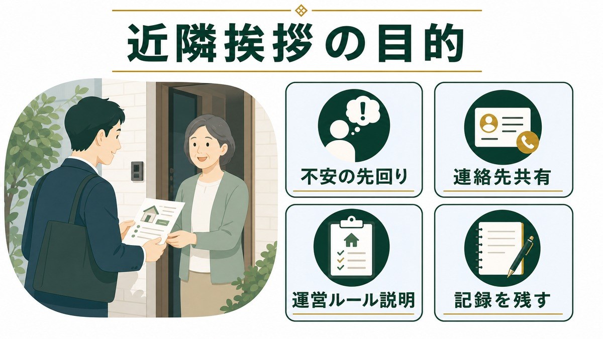 近隣挨拶の目的を不安の先回り、連絡先共有、運営ルール説明、記録保存で示した図
