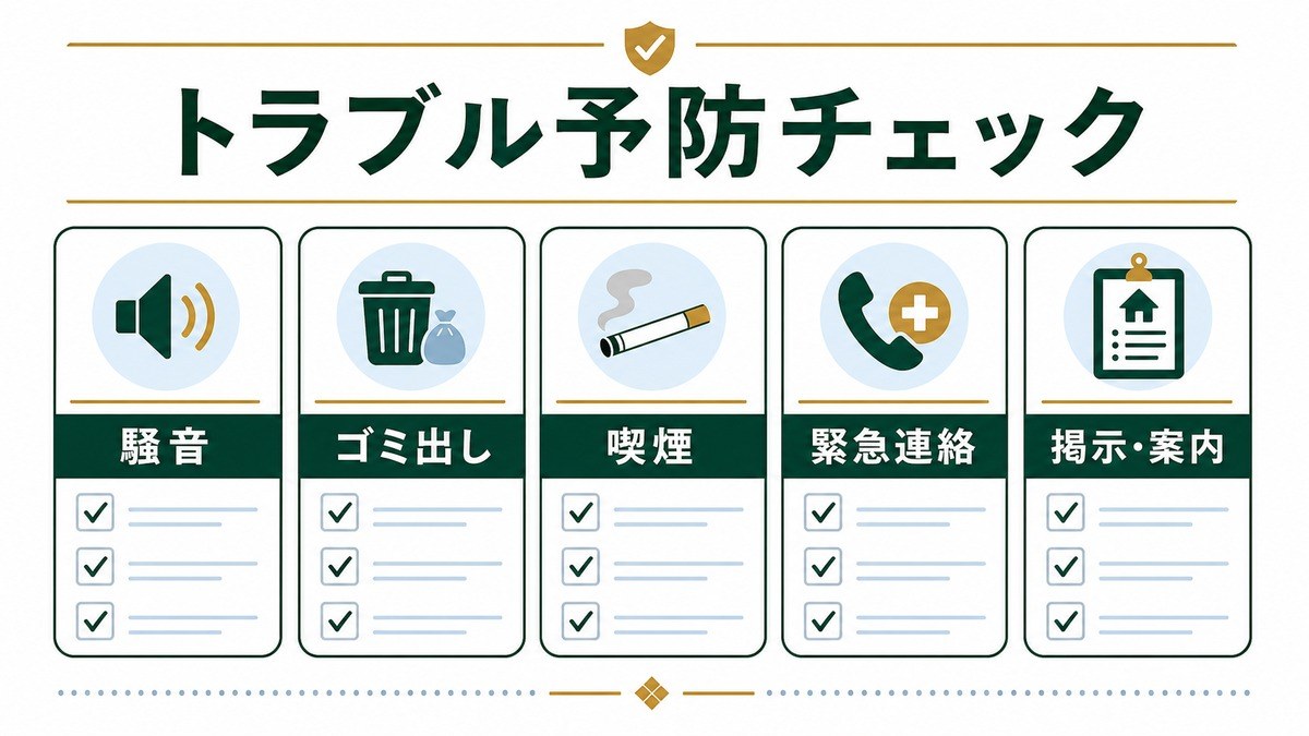 民泊近隣トラブル予防を騒音、ゴミ出し、喫煙、緊急連絡、掲示案内で整理した図