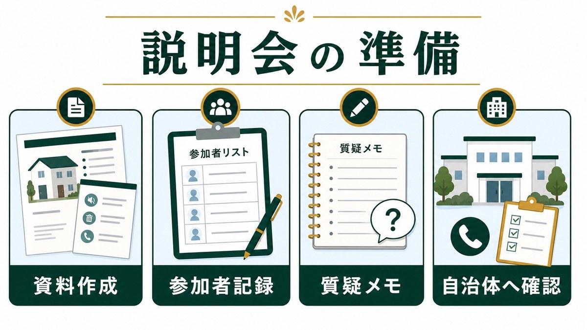 民泊説明会の準備を資料作成、参加者記録、質疑メモ、自治体確認で整理した図