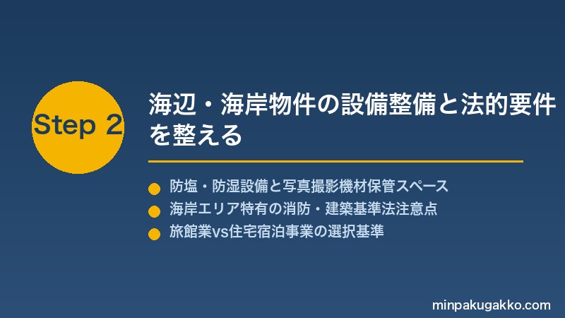 minpaku-lighthouse-coastal-2026 Step2 海辺・海岸物件の設備整備と法的要件を整える