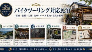 バイクツーリング対応民泊の需要、駐輪、工具、洗車、ルート案内、収支を整理した図
