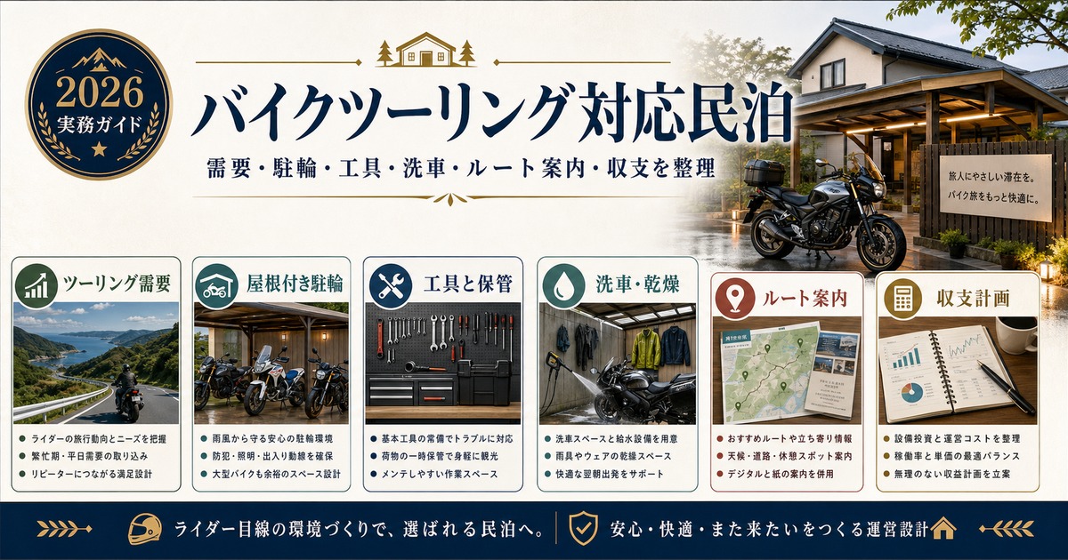 バイクツーリング対応民泊の需要、駐輪、工具、洗車、ルート案内、収支を整理した図