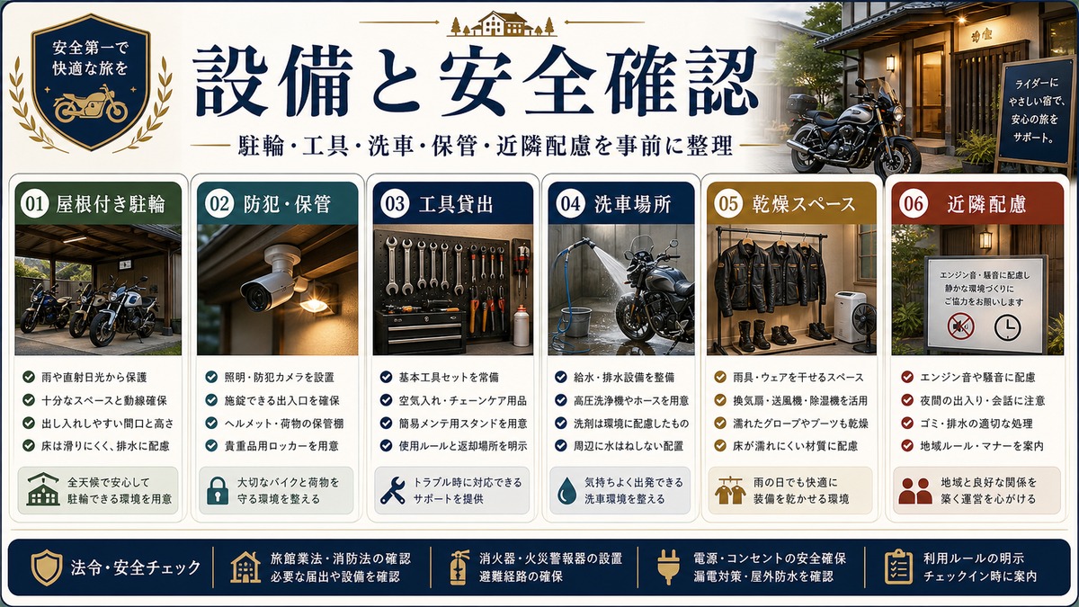 バイク対応民泊の設備と安全確認を屋根付き駐輪、防犯保管、工具貸出、洗車場所、近隣配慮で整理した図