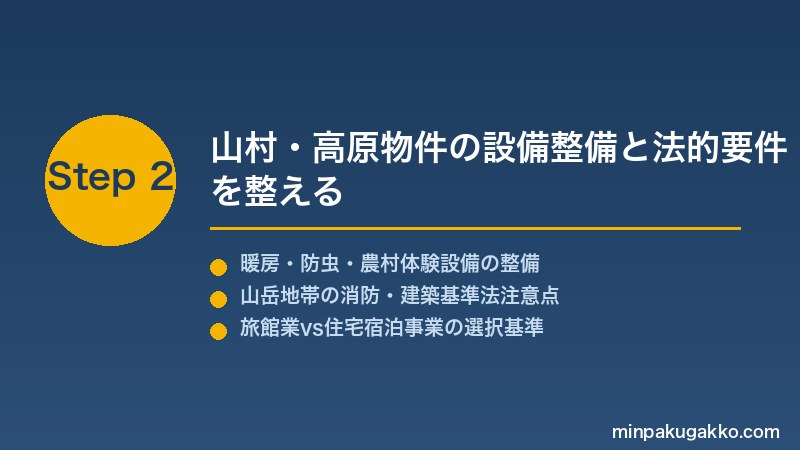 minpaku-mountain-village-2026 Step2 山村・高原物件の設備整備と法的要件を整える