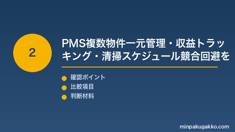 民泊複数物件 Step2 PMS・チャンネルマネージャーの複数物件一元管理・物件別収益トラッキング・清掃スケジュール競合回避を確認する