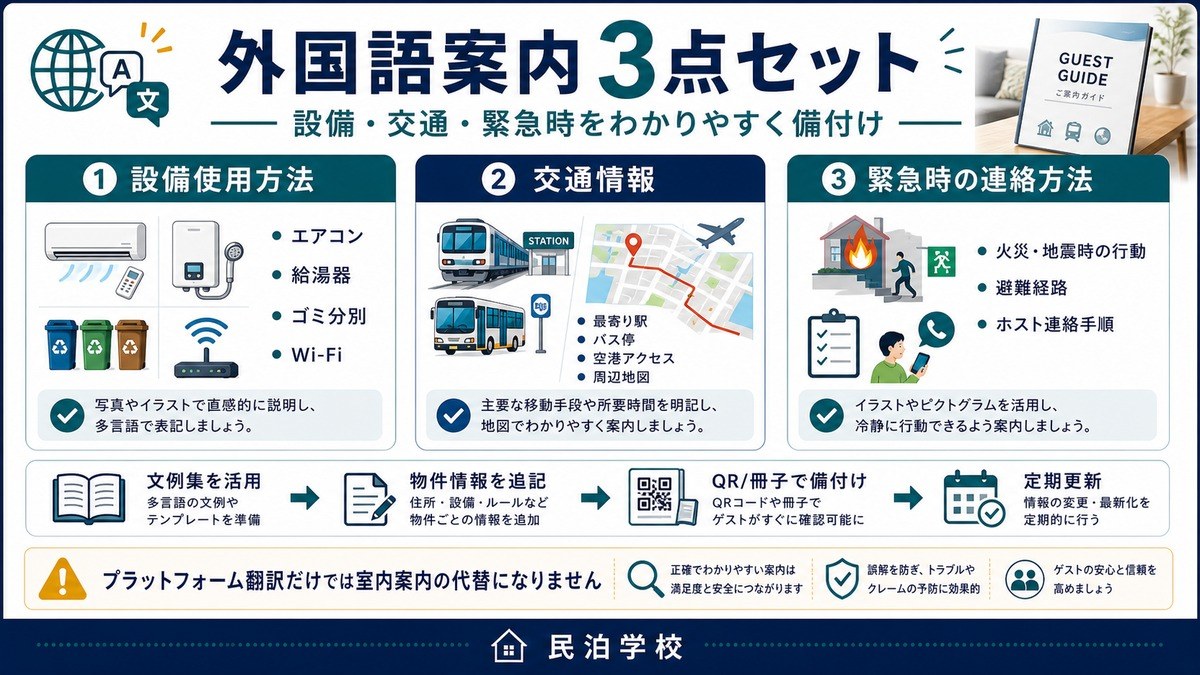 民泊 外国語案内 3点セット 設備交通緊急時 Image2完成デザイン